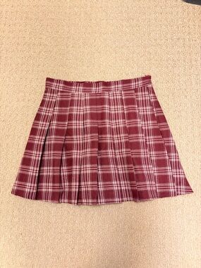 High Rise Wool-like Plaid Pleated Mini Skirt Burgundy - Approx US 4